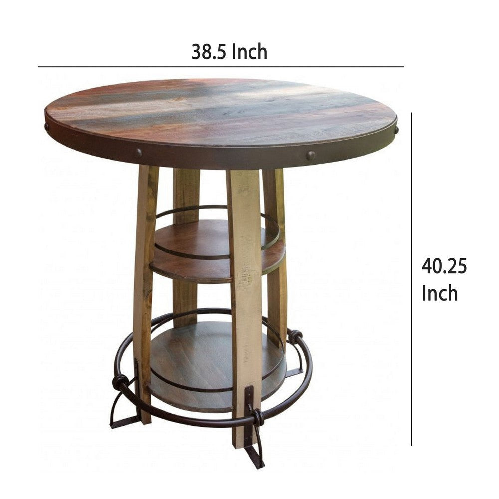 Fena Bar Height Bistro Table Barrel Top 2 Shelves Brown Wood Metal BM332065
