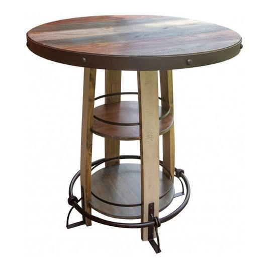 Fena Bar Height Bistro Table, Barrel Top, 2 Shelves, Brown Wood Metal