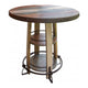 Fena Bar Height Bistro Table, Barrel Top, 2 Shelves, Brown Wood Metal