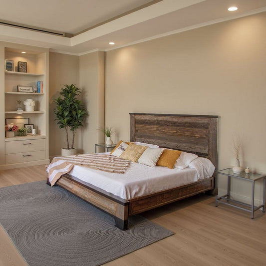 Amy Queen Size Bed, Farmhouse Antique Gray and Brown Solid Pine Wood