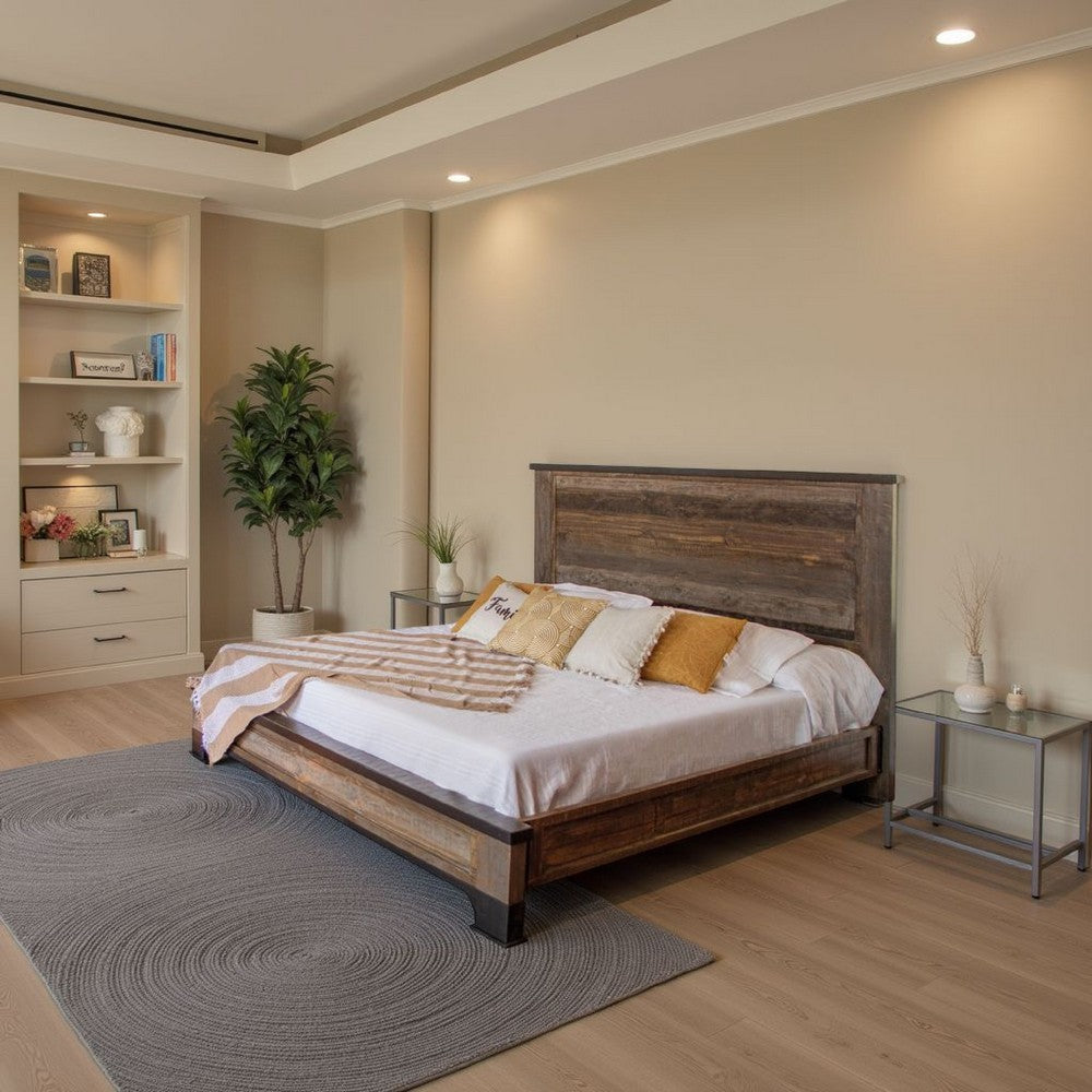 Amy Queen Size Bed, Farmhouse Antique Gray and Brown Solid Pine Wood