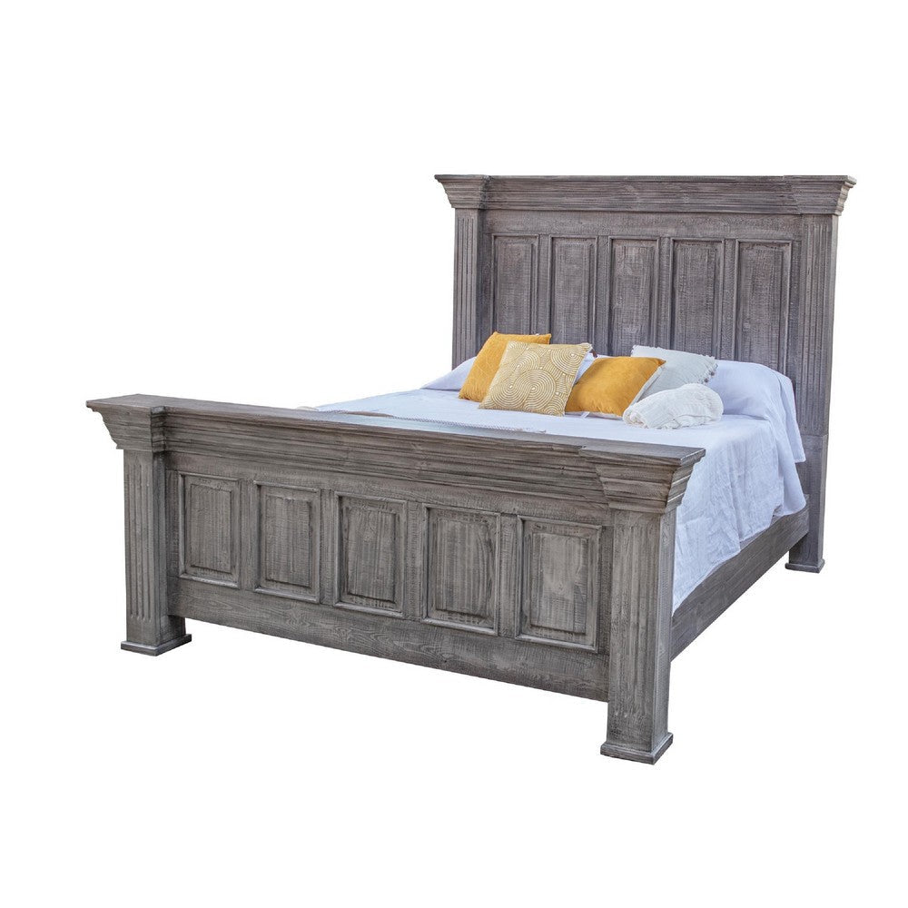 Siya Queen Size Bed, Rustic Farmhouse Distressed Gray Solid Pine Wood