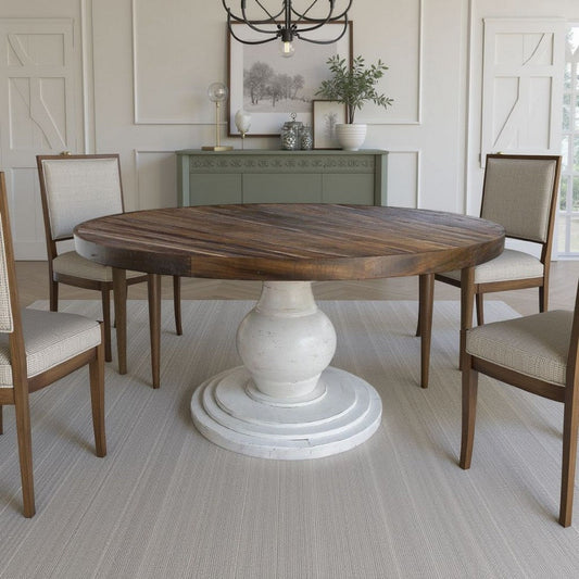 Ria Dining Table, Brown and White Pine and Mango Wood, 59 Inch Round