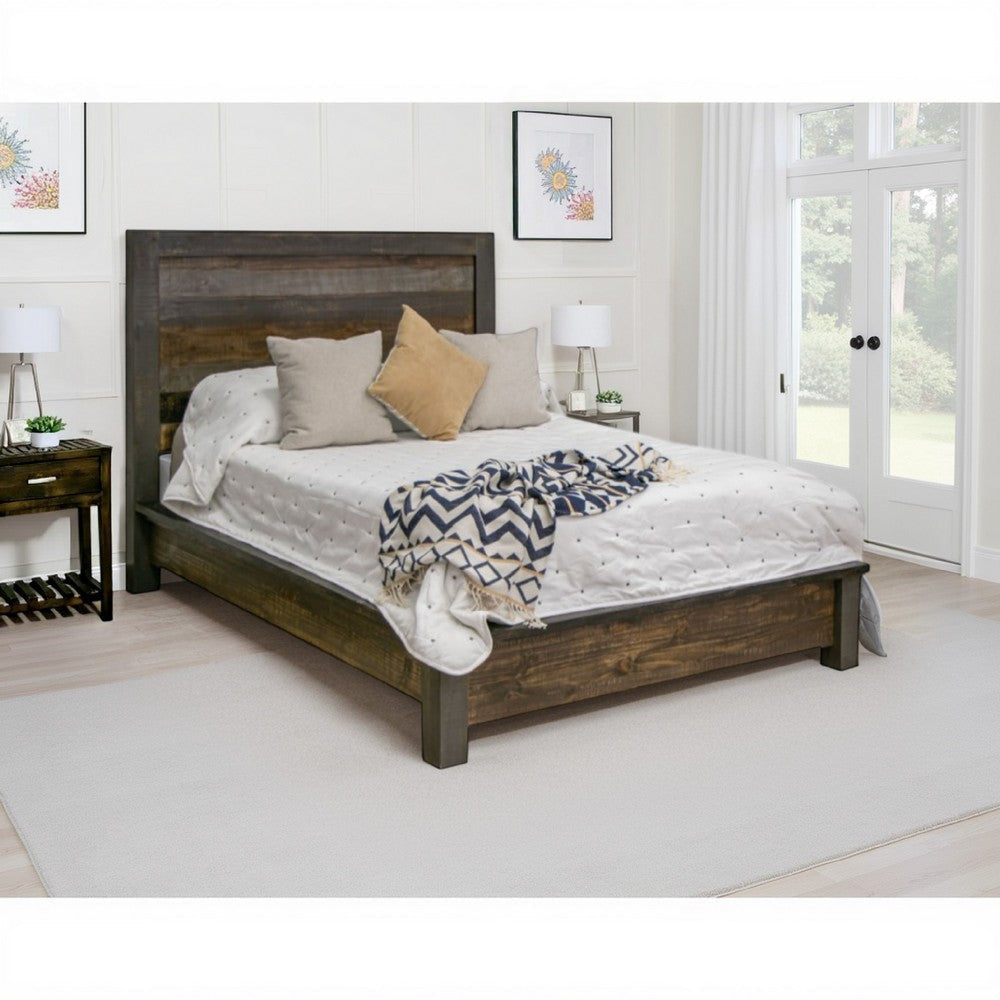 Pola Full Size Bed, Tall Panel Headboard, Gray and Brown Pine Wood