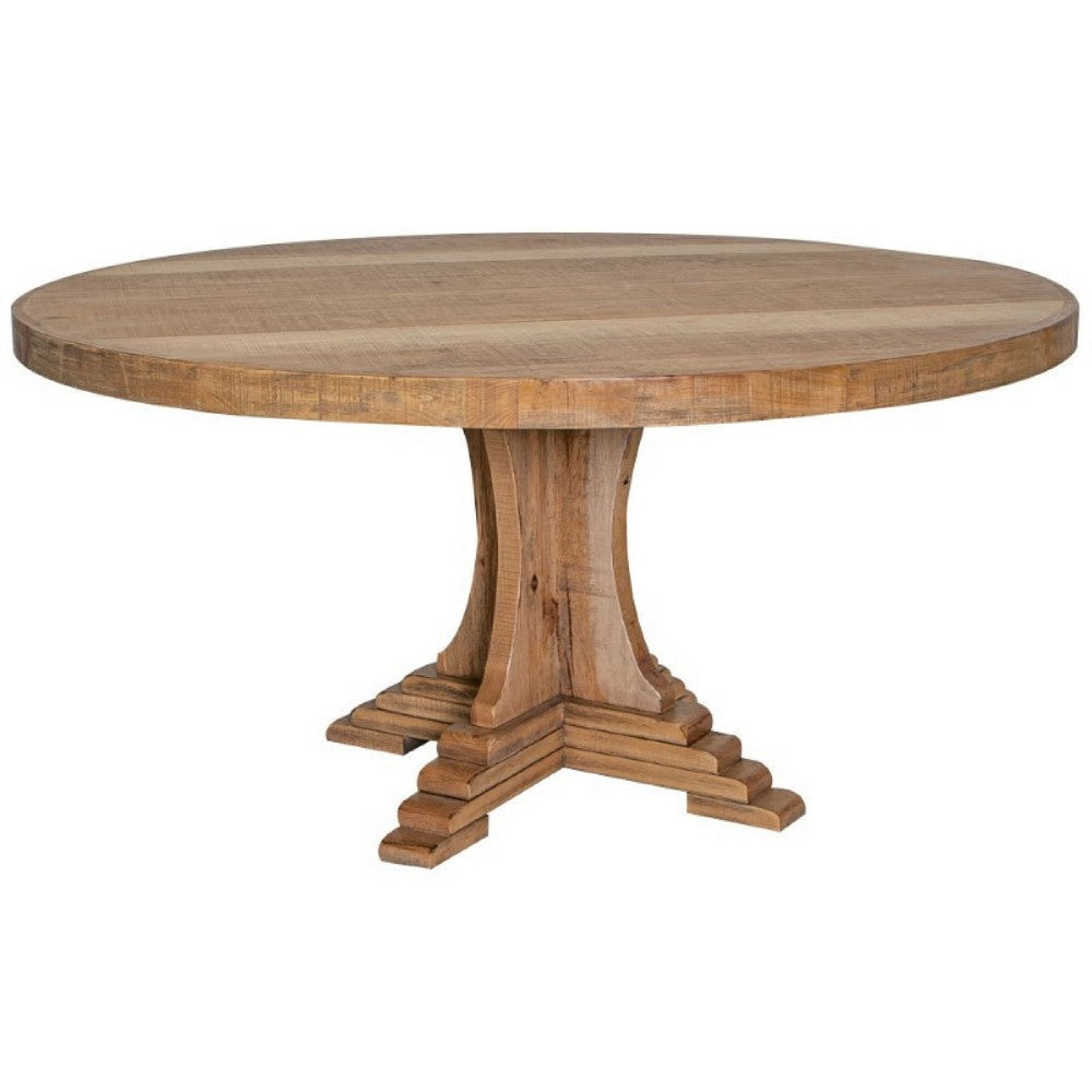 Ebb Dining Table 60 Inch Round Top Trestle Base Brown Pine Wood BM332083