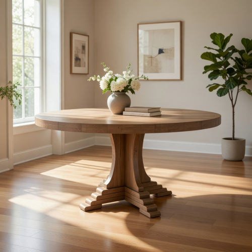Ebb Dining Table, 60 Inch Round Top, Trestle Base, Brown Pine Wood