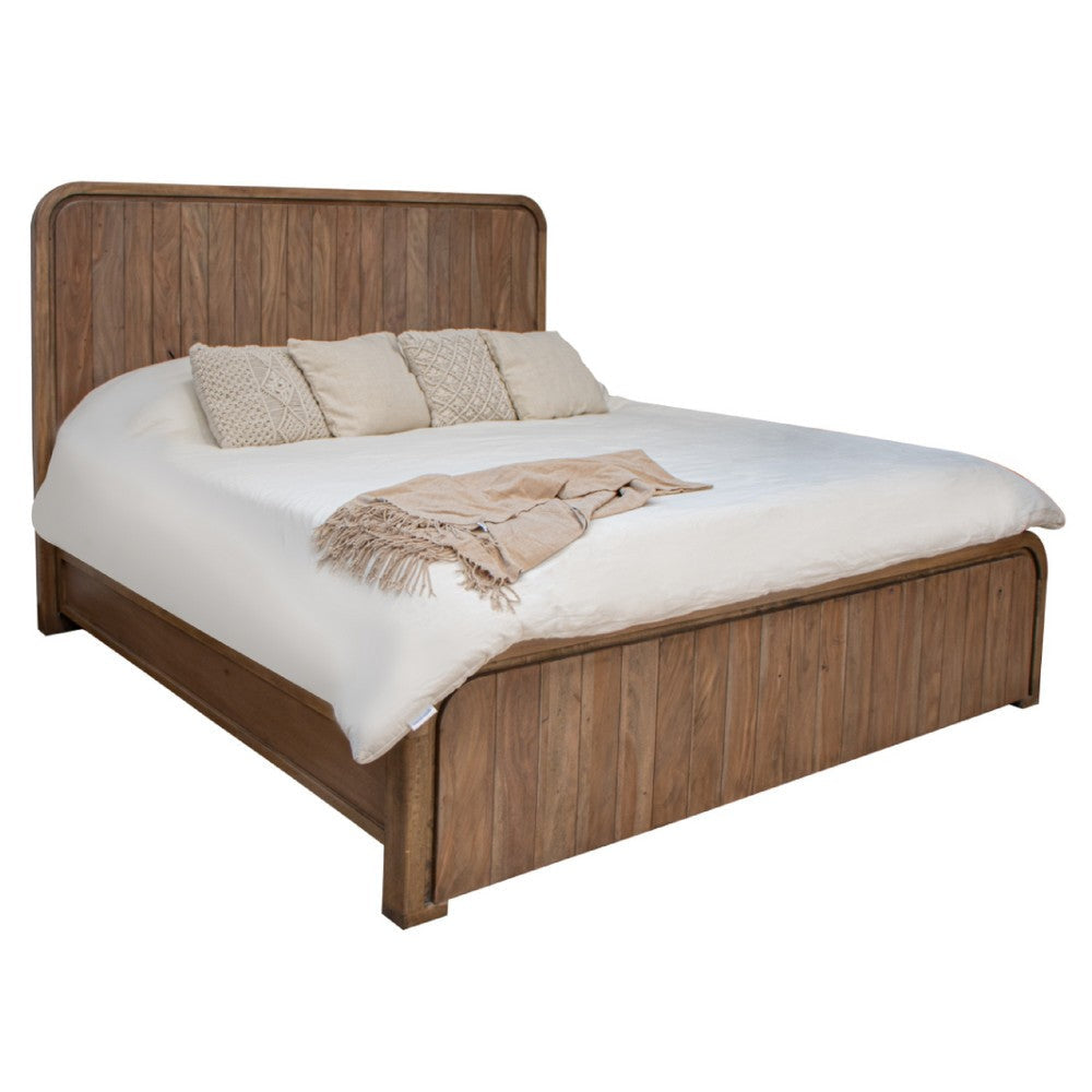 Okai King Size Bed, Panel Headboard w Rounded Corner, Brown Mango Wood