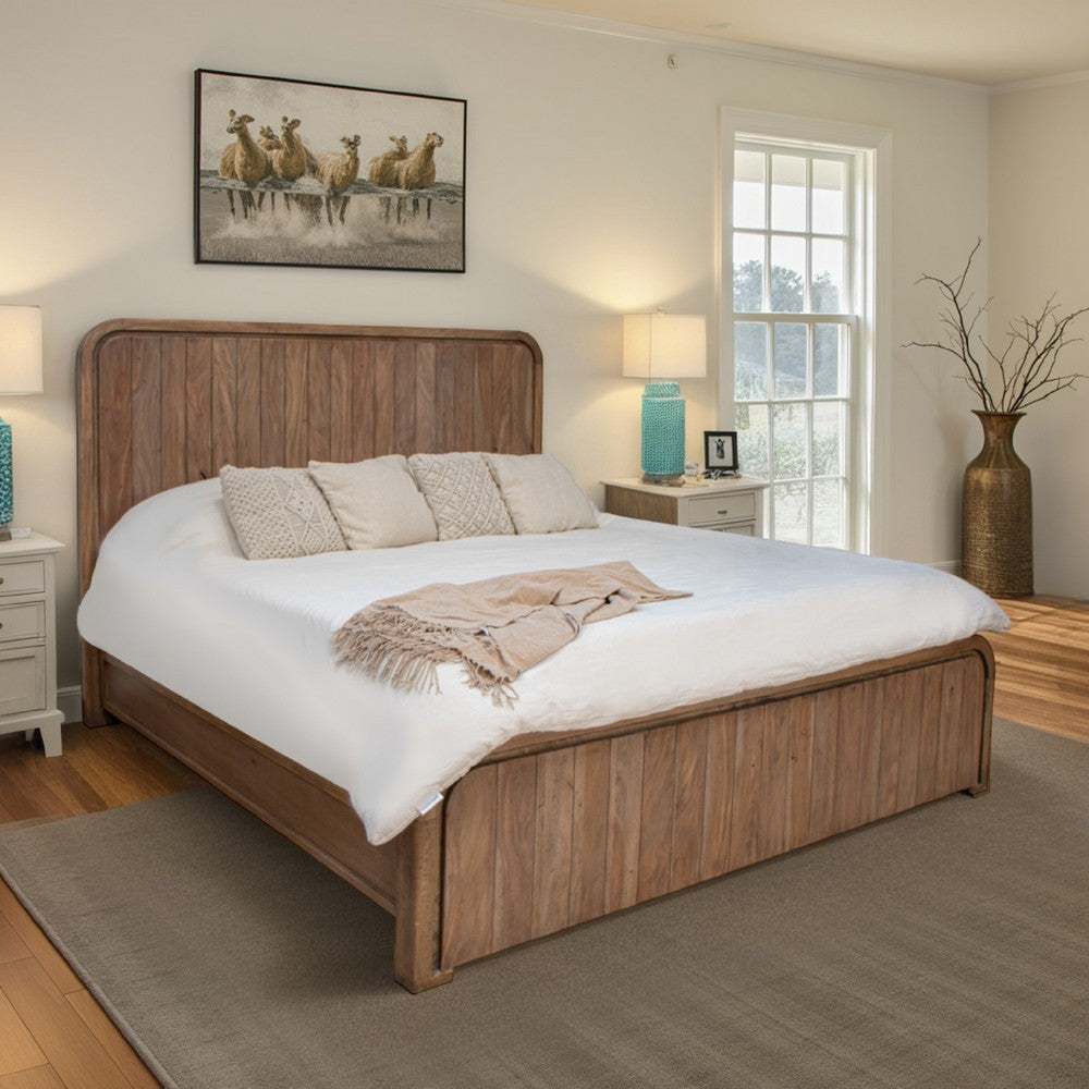 Okai Queen Size Bed, Panel Headboard, Rounded Corner, Brown Mango Wood