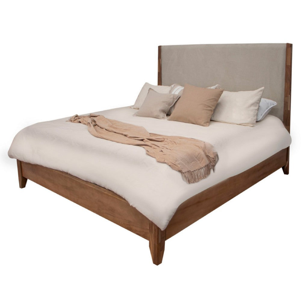 Neuv King Size Bed Beige Upholstered Headboard Brown Parota Wood