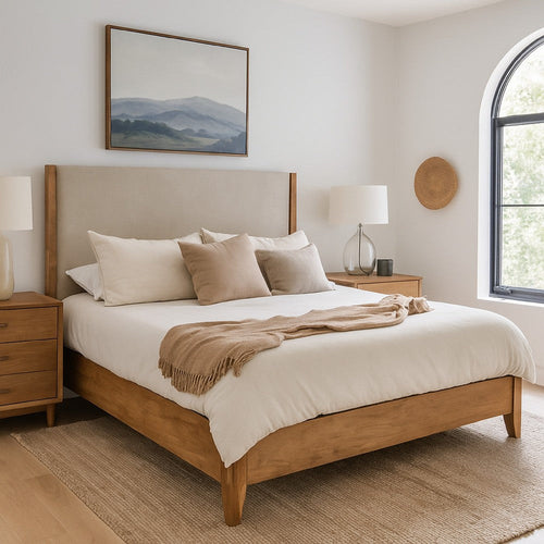 Neuv King Size Bed, Beige Upholstered Headboard, Brown Parota Wood