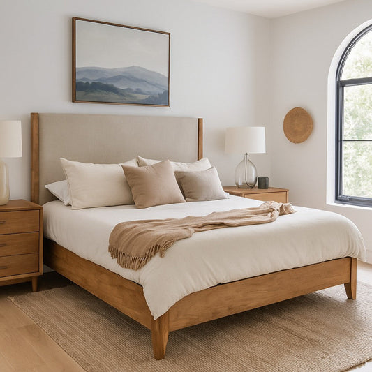 Neuv King Size Bed, Beige Upholstered Headboard, Brown Parota Wood