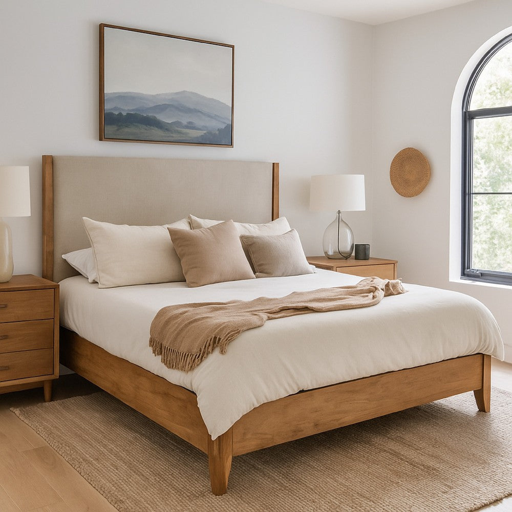 Neuv King Size Bed, Beige Upholstered Headboard, Brown Parota Wood