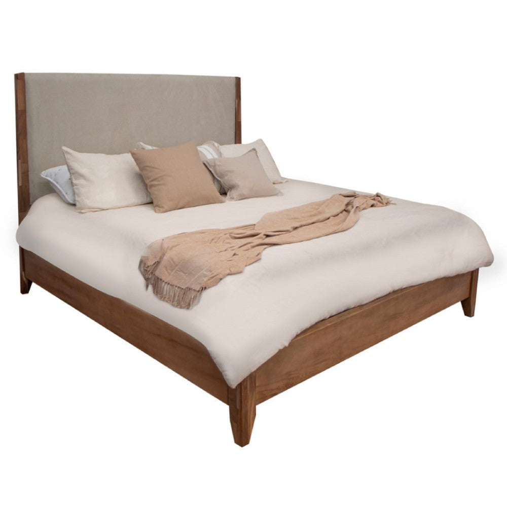 Neuv King Size Bed, Beige Upholstered Headboard, Brown Parota Wood