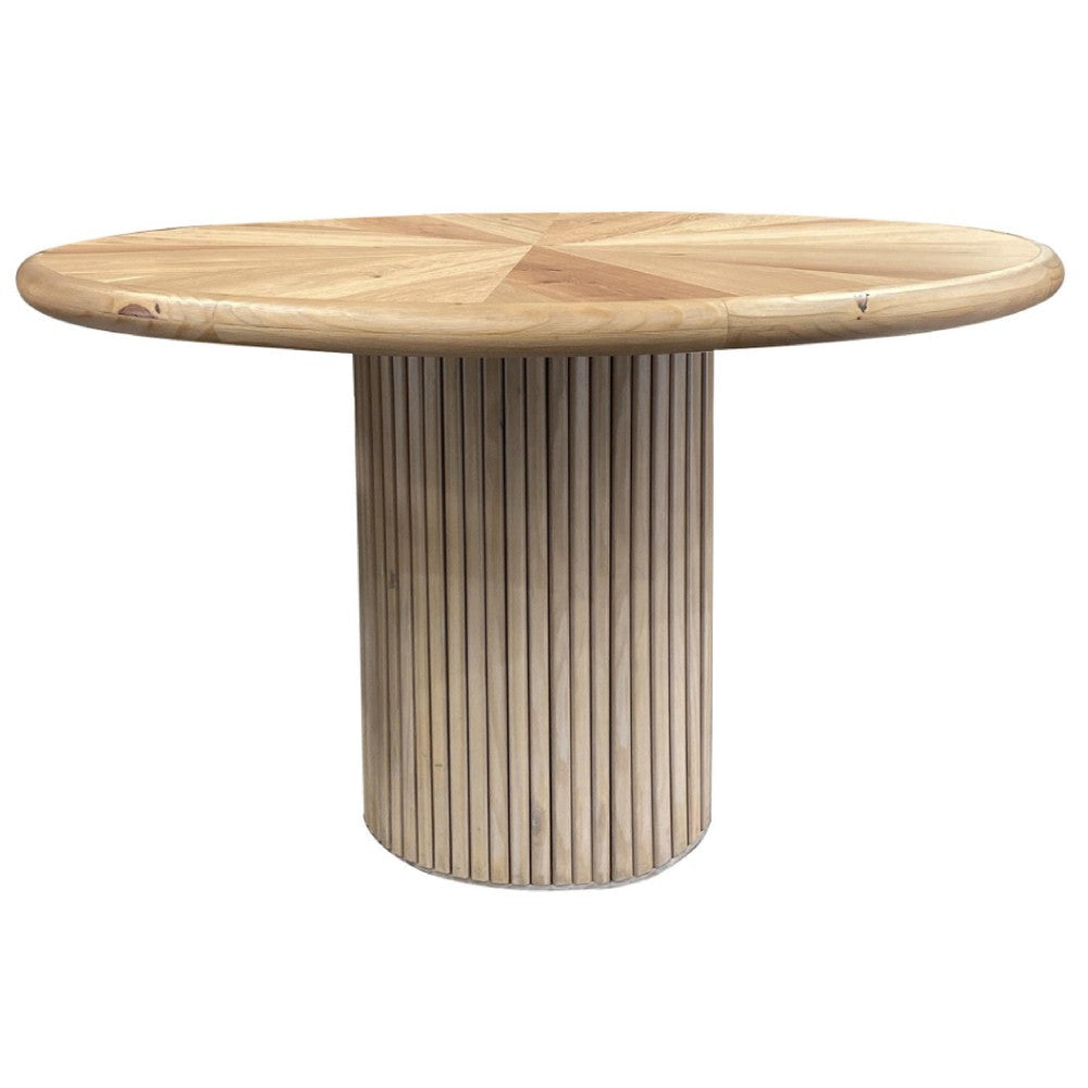 Izya Dining Table 54 Inch Round Top w Ribbed Base Brown Pine Wood BM332093
