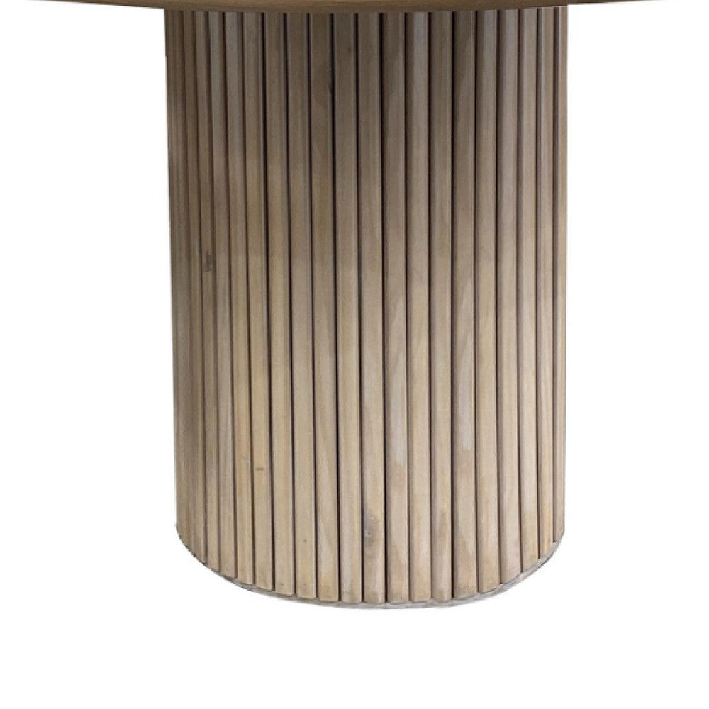 Izya Dining Table 54 Inch Round Top w Ribbed Base Brown Pine Wood BM332093