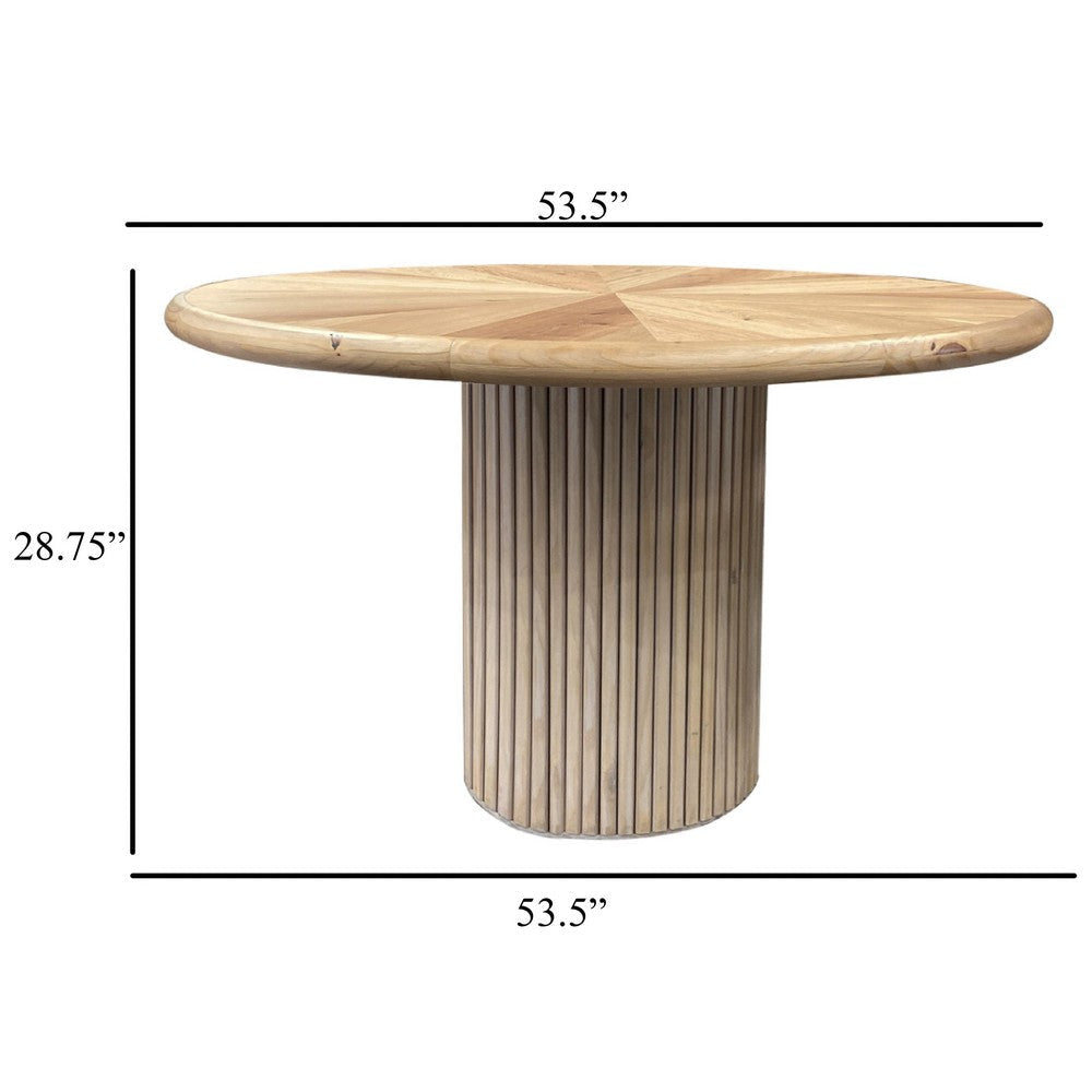 Izya Dining Table 54 Inch Round Top w Ribbed Base Brown Pine Wood BM332093