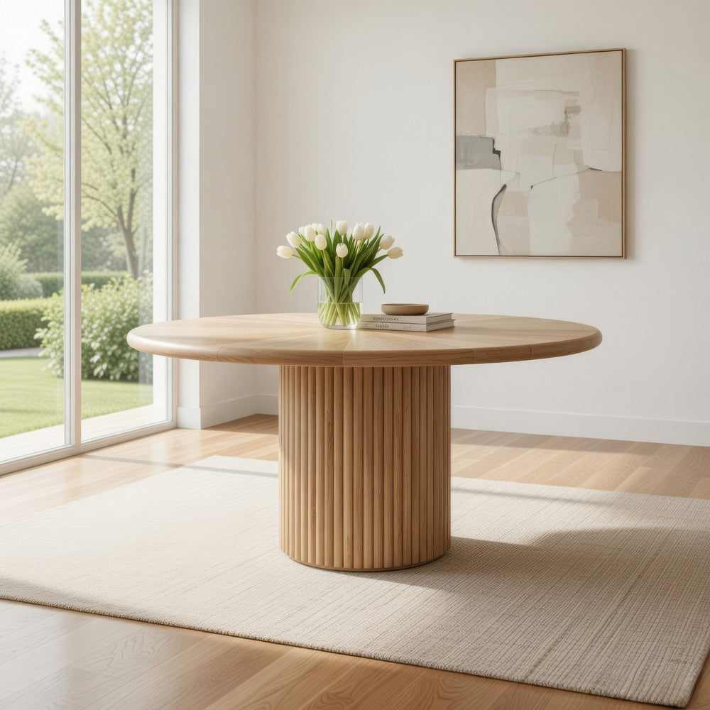 Izya Dining Table, 54 Inch Round Top w Ribbed Base, Brown Pine Wood