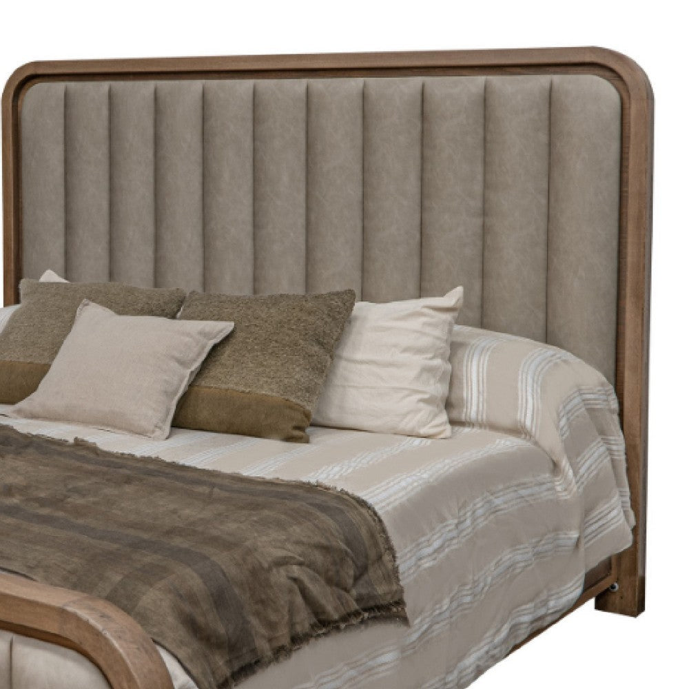 Okai King Size Bed Gray Faux Leather Upholstery Brown Mango Wood