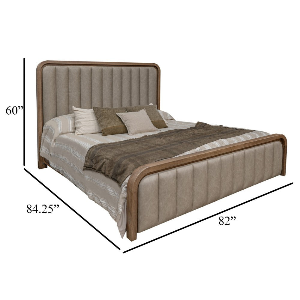 Okai King Size Bed Gray Faux Leather Upholstery Brown Mango Wood