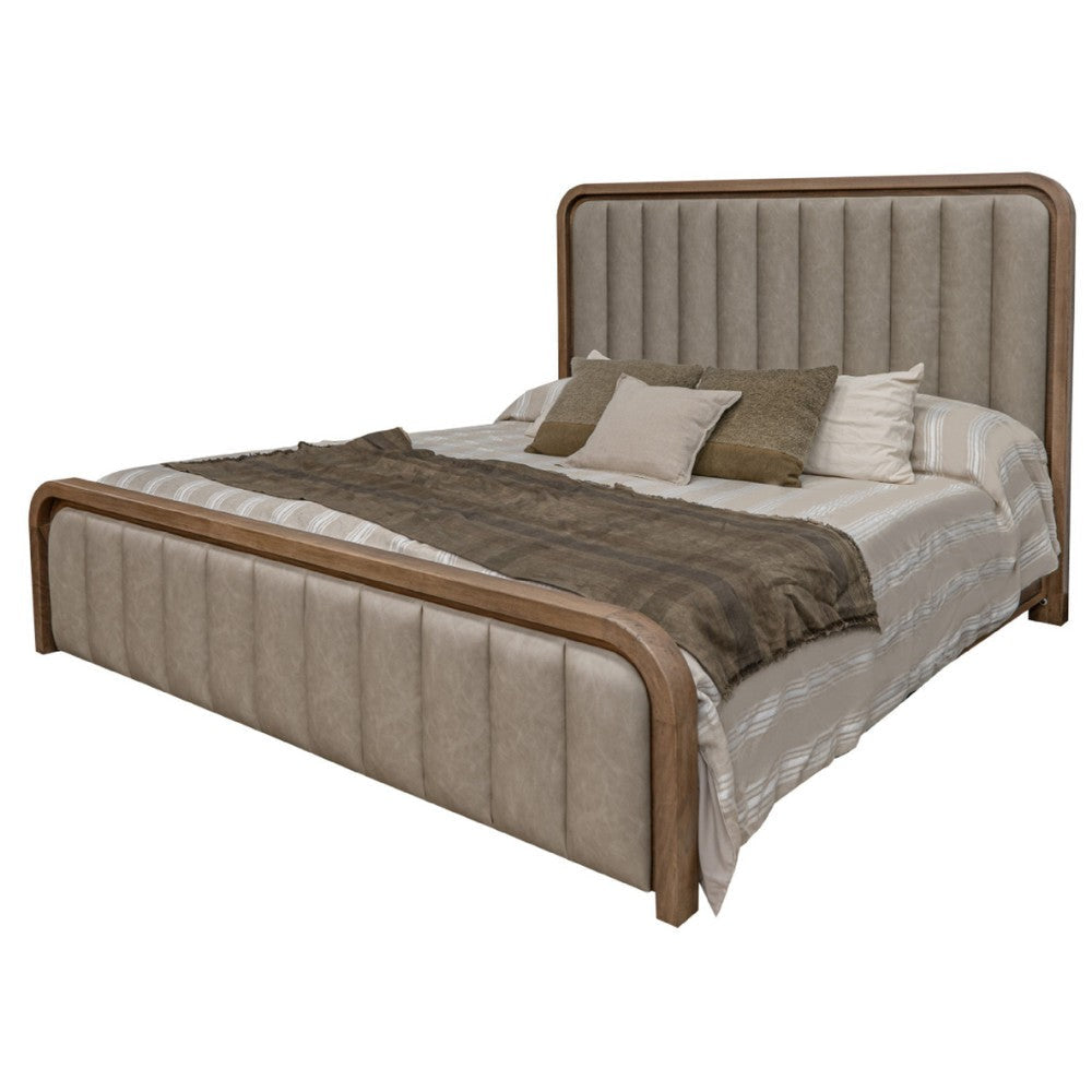 Okai Queen Size Bed Gray Faux Leather Upholstery Brown Mango Wood