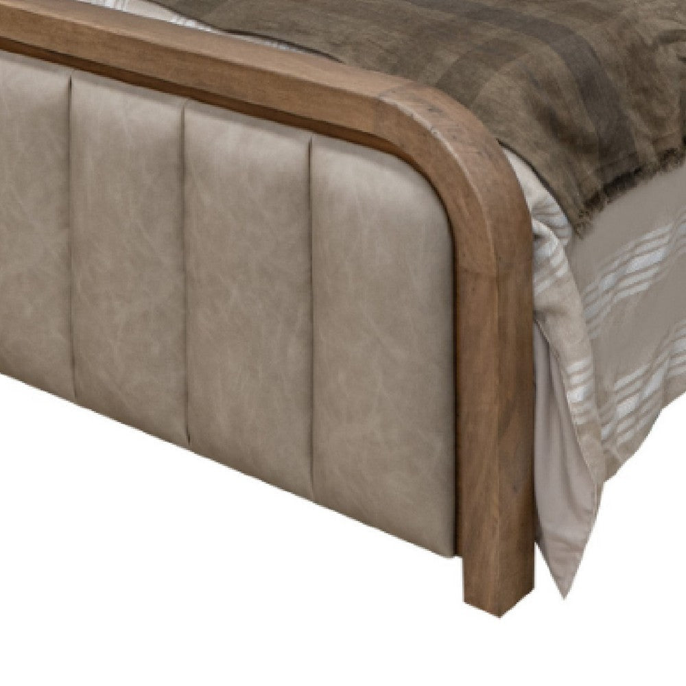 Okai Queen Size Bed Gray Faux Leather Upholstery Brown Mango Wood