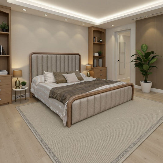 Okai Queen Size Bed, Gray Faux Leather Upholstery, Brown Mango Wood