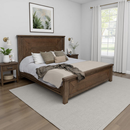 Loe King Size Bed, Tall Panel Headboard, Walnut Brown Poplar Wood