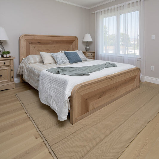 Rosy King Size Bed, Round Edge Headboard, Hazelnut Brown Pine Wood