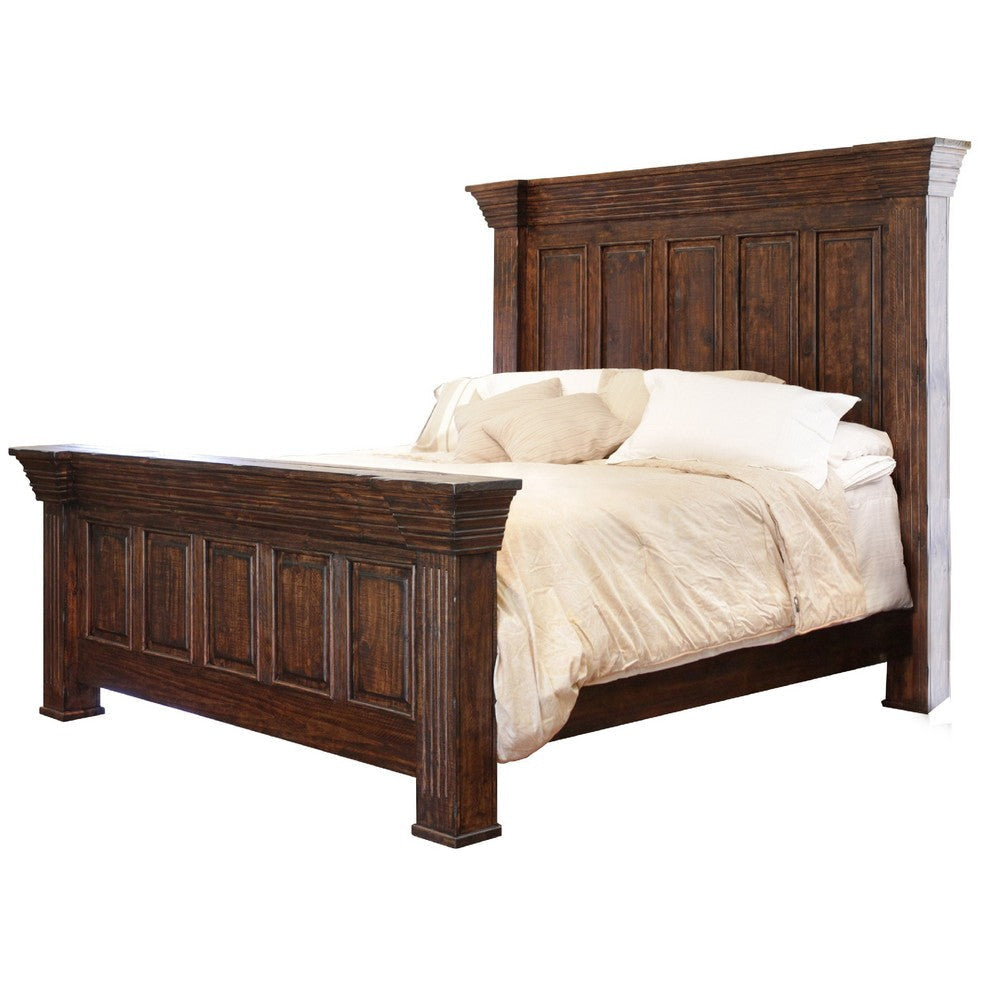 Siya King Bed with Classic Panel Headboard Brown Solid Pine Wood