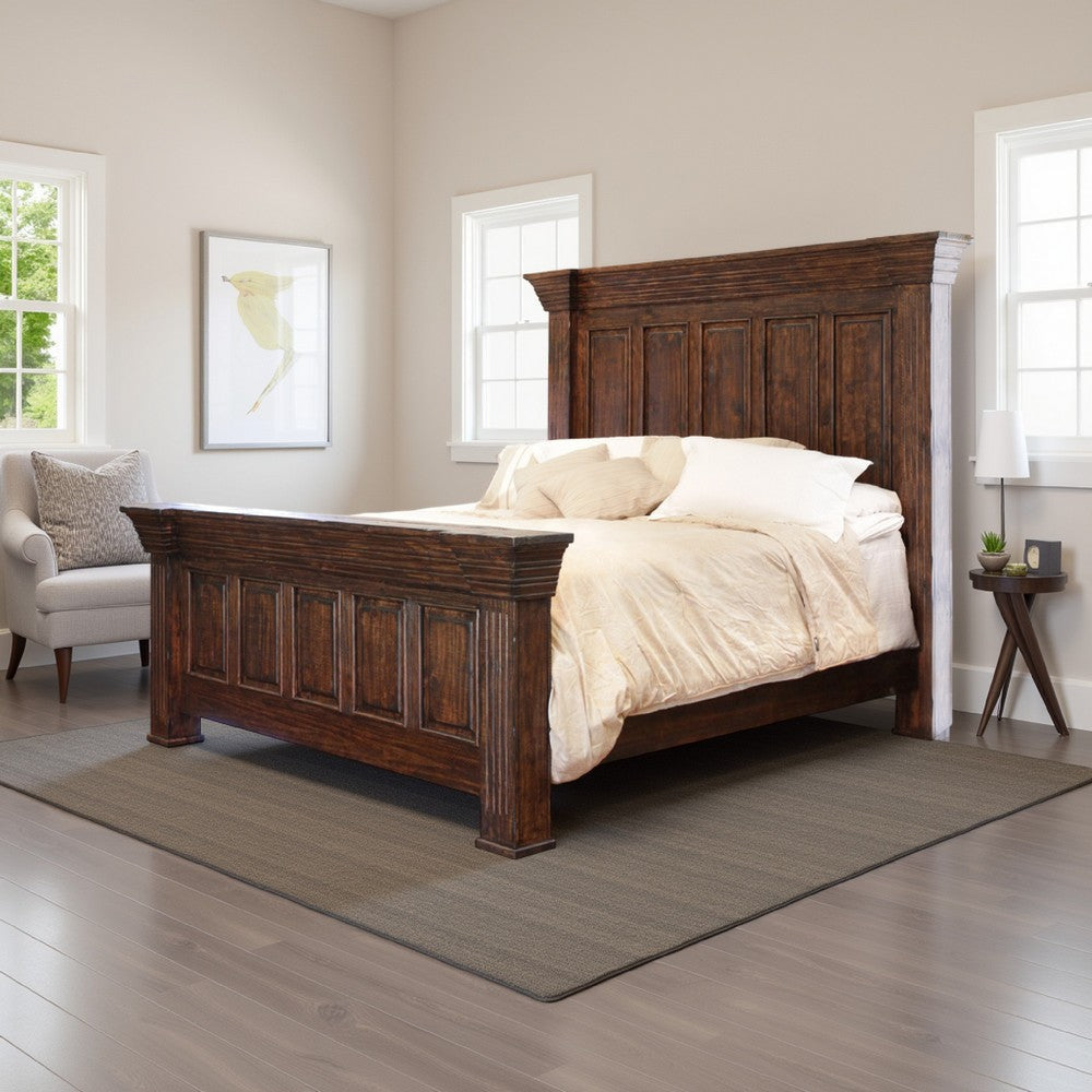 Siya King Bed with Classic Panel Headboard, Brown Solid Pine Wood