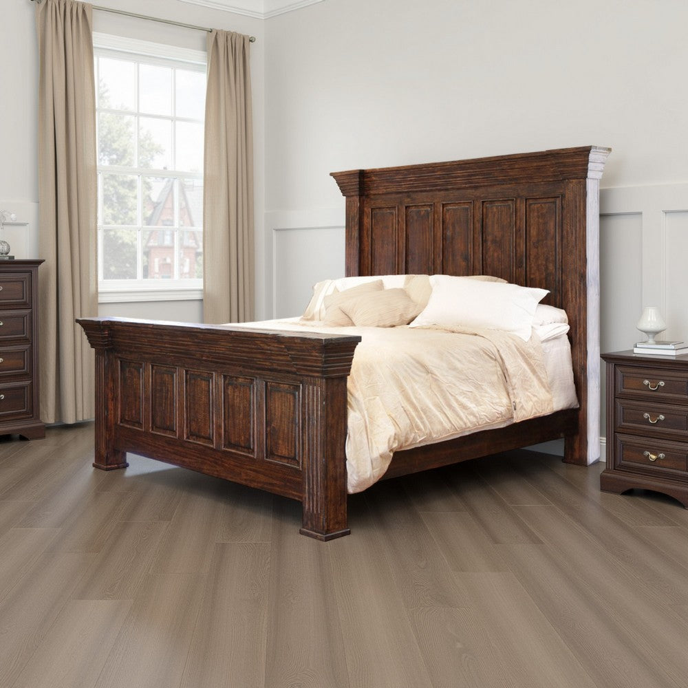 Siya Queen Bed with Classic Panel Headboard, Brown Solid Pine Wood