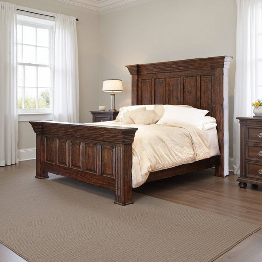Siya California King Bed, Classic Panel Headboard, Brown Pine Wood