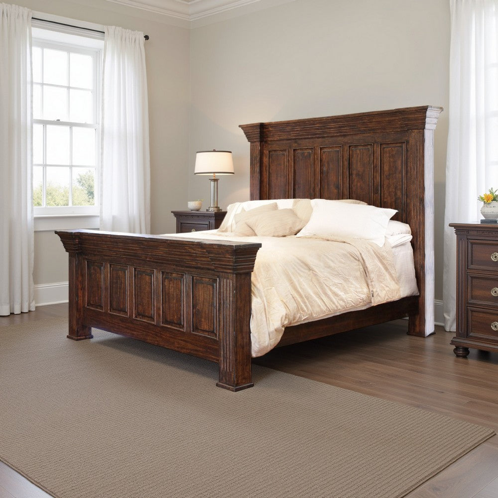 Siya California King Bed, Classic Panel Headboard, Brown Pine Wood