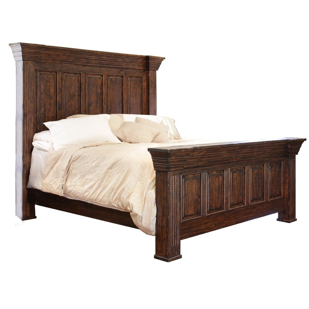 Siya California King Bed, Classic Panel Headboard, Brown Pine Wood