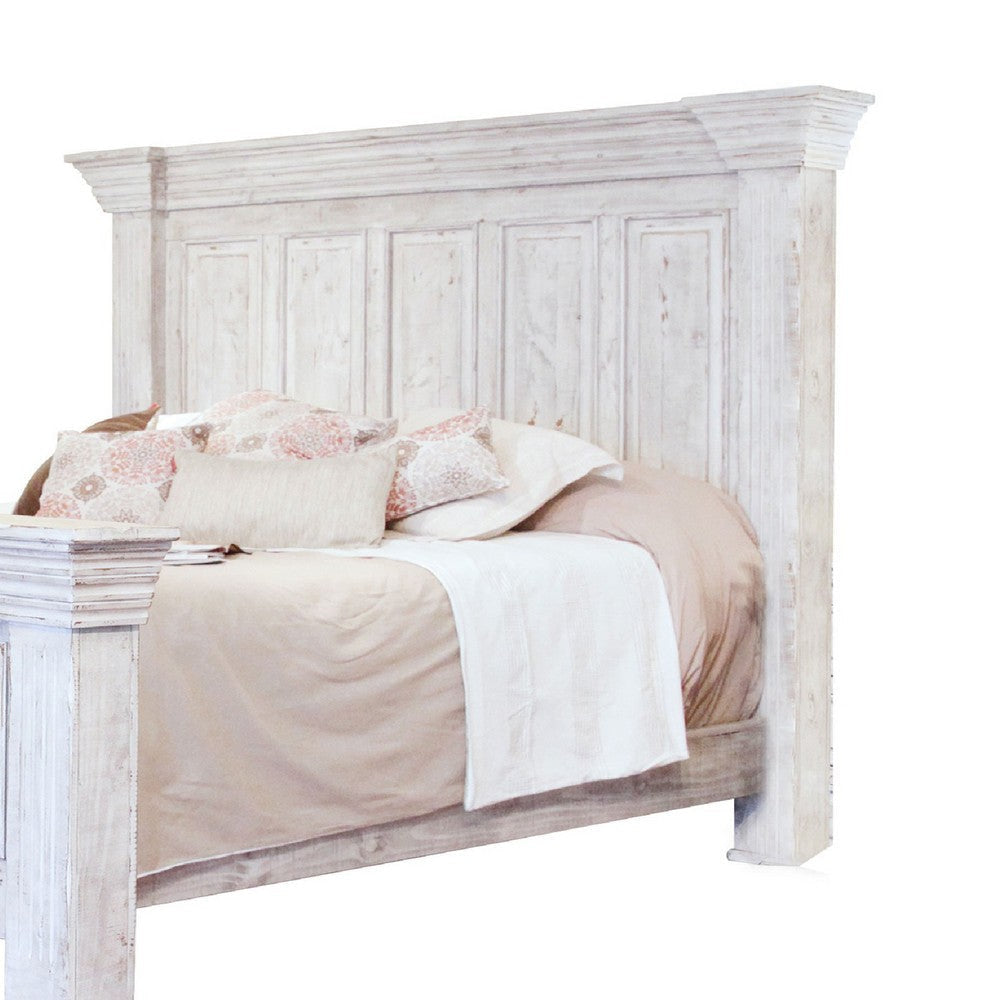 Siya King Bed with Classic Panel Headboard Distressed White Pine Wood