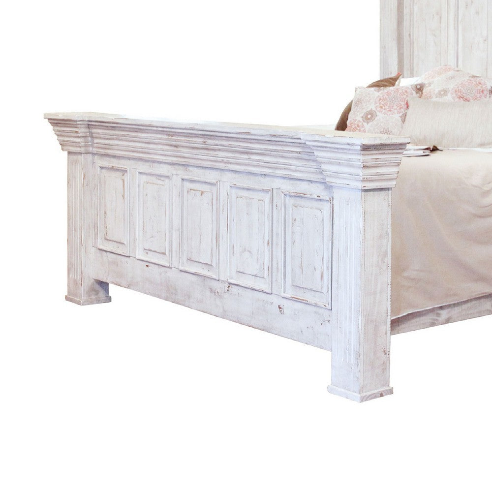 Siya King Bed with Classic Panel Headboard Distressed White Pine Wood