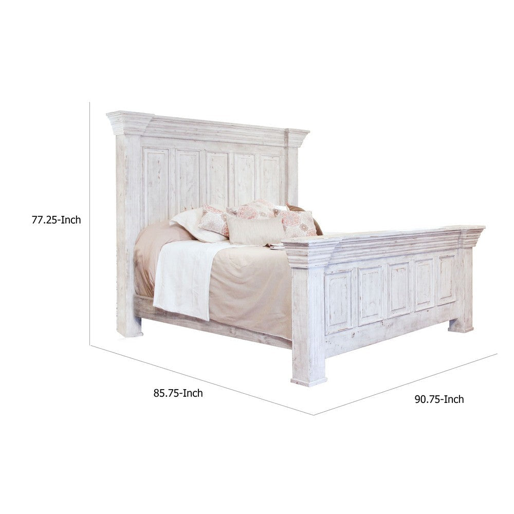Siya King Bed with Classic Panel Headboard Distressed White Pine Wood