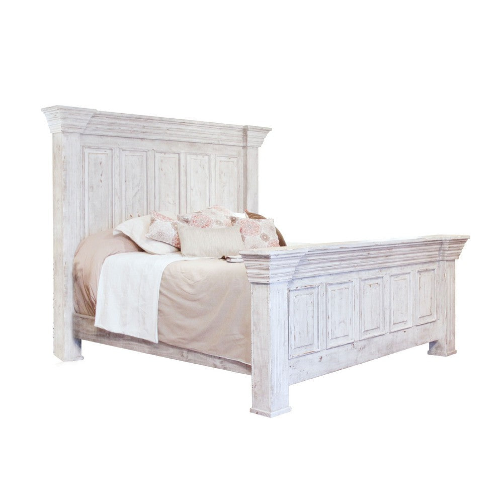 Siya Queen Bed with Classic Panel Headboard, Distress White Pine Wood