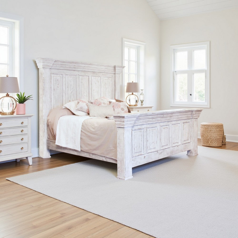 Siya Queen Bed with Classic Panel Headboard, Distress White Pine Wood