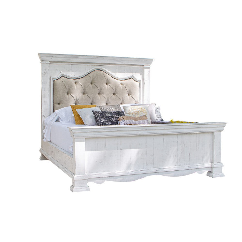 Elia King Bed, Beige Button Tufted Upholstery, Vintage White Pine Wood