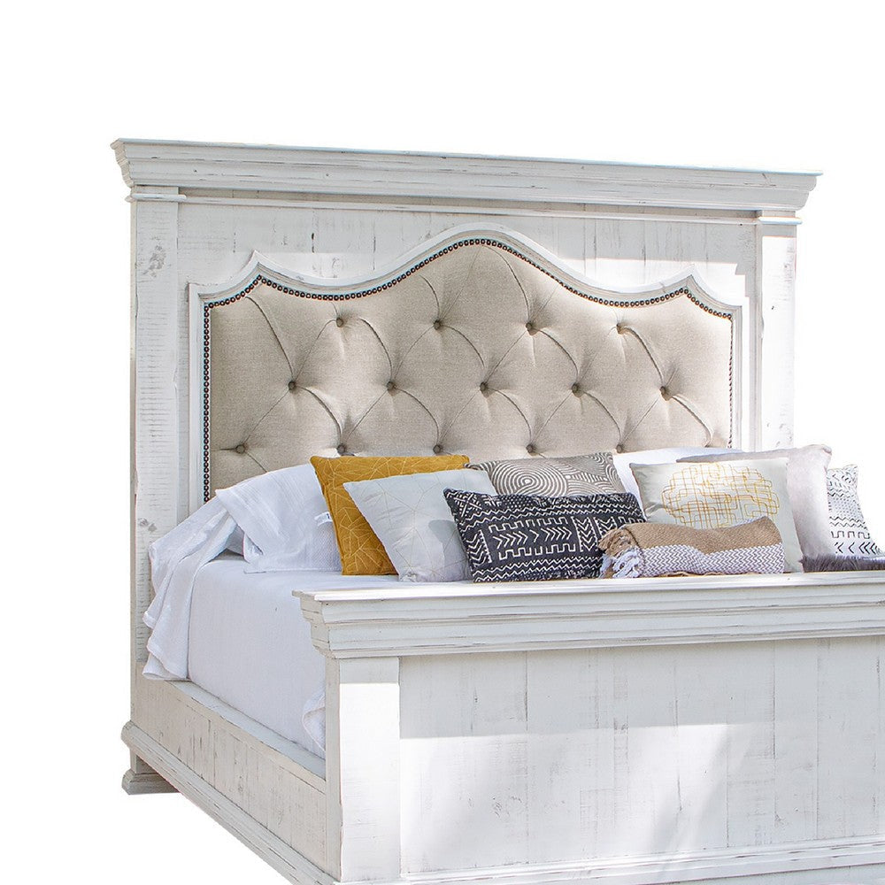 Elia King Bed Beige Button Tufted Upholstery Vintage White Pine Wood