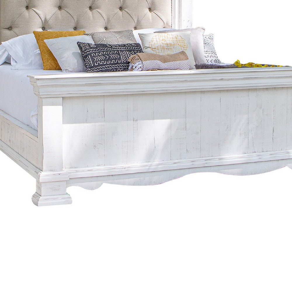 Elia Queen Bed Beige Button Tufted Upholstery Vintage White Wood