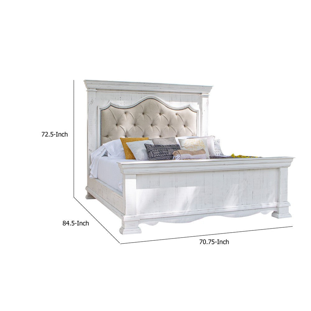 Elia Queen Bed Beige Button Tufted Upholstery Vintage White Wood