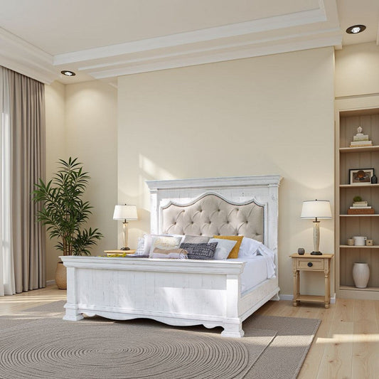 Elia Queen Bed, Beige Button Tufted Upholstery, Vintage White Wood