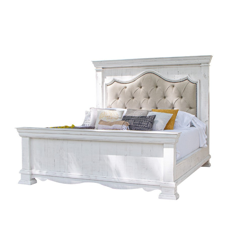 Elia Queen Bed, Beige Button Tufted Upholstery, Vintage White Wood