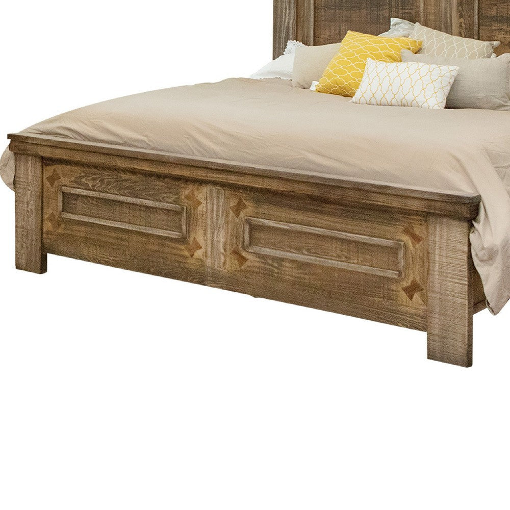 Maze Queen Size Bed with Classic Molded Design Brown Solid Pine Wood