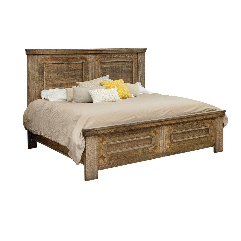 Maze Queen Size Bed with Classic Molded Design, Brown Solid Pine Wood