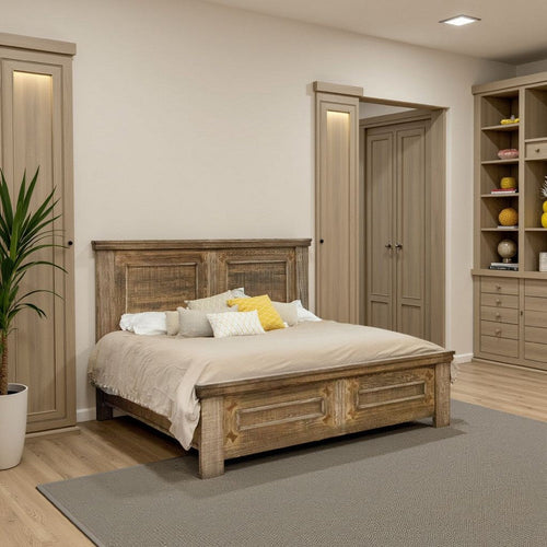 Maze Queen Size Bed with Classic Molded Design, Brown Solid Pine Wood