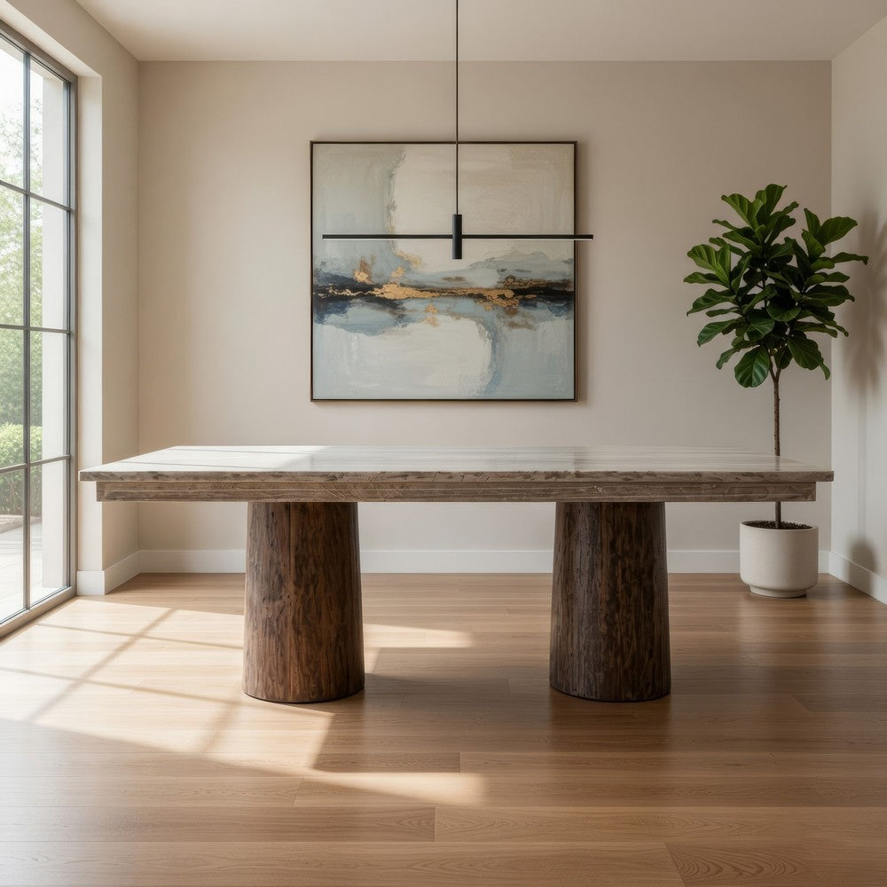 Kohl Dining Table, 87 Inch Rectangular Cream Top, Brown Mango Wood