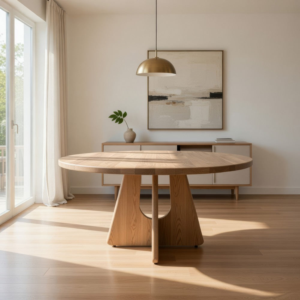 Umey Dining Table, 59 Inch Round Top w Cross Base, Brown Mango Wood